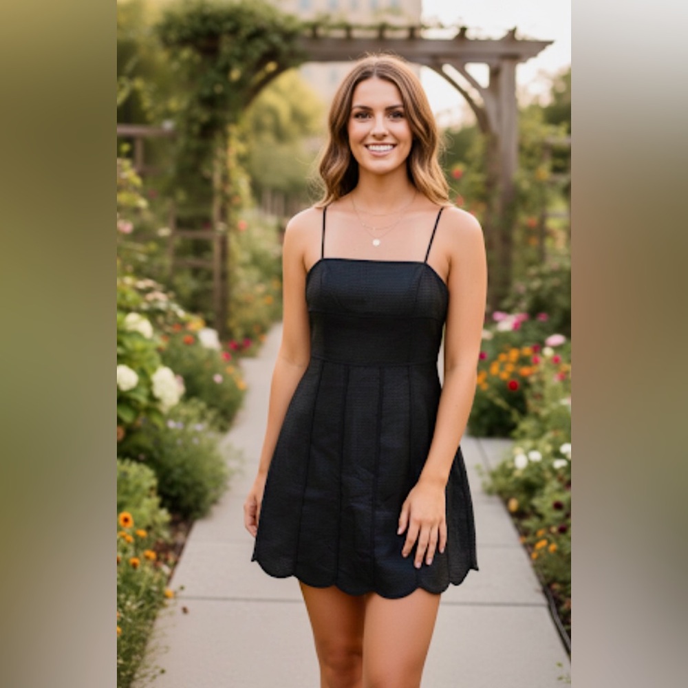 ANN TAYLOR Sheath Dress 4 Black Silk Blend Fully Lined Strappy Scalloped Hem NEW